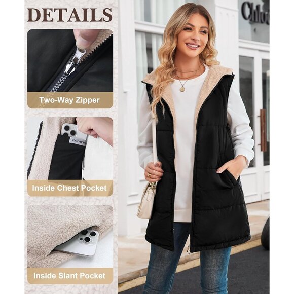 Women Long Puffer Vest: Fall Zip up Reversible Fleece Jacket 2025 Winter Warm Sl - Picture 4 of 7